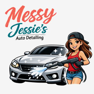 Messy Jessies Auto Detailing logo featuring a cartoon woman with a car wash brush next to a white sedan